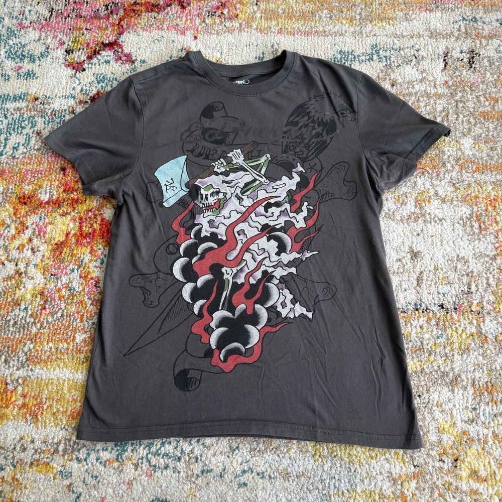 Ed Hardy Grim Reaper Skull Graphic T-Shirt Mens Small Charcoal Grey Tattoo Print